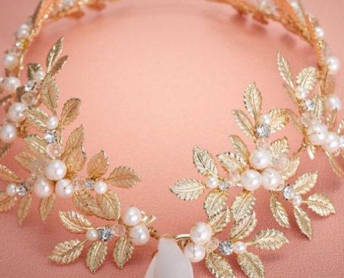 rhinestones pearls incrusted on gold leaf bridal hair accessory