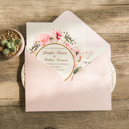 Adorable and romantic floral wedding invitations in pale pink with gold foil