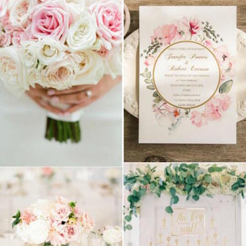 Floral pink and gold foil wedding invitations