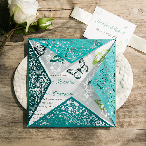 Green teal wedding invitations with butterflies.